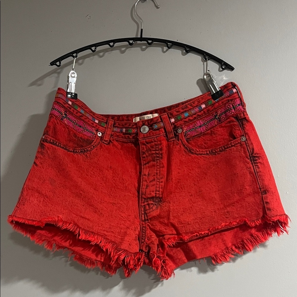 We The Free Red Jean Shorts with Colorful Trim 28